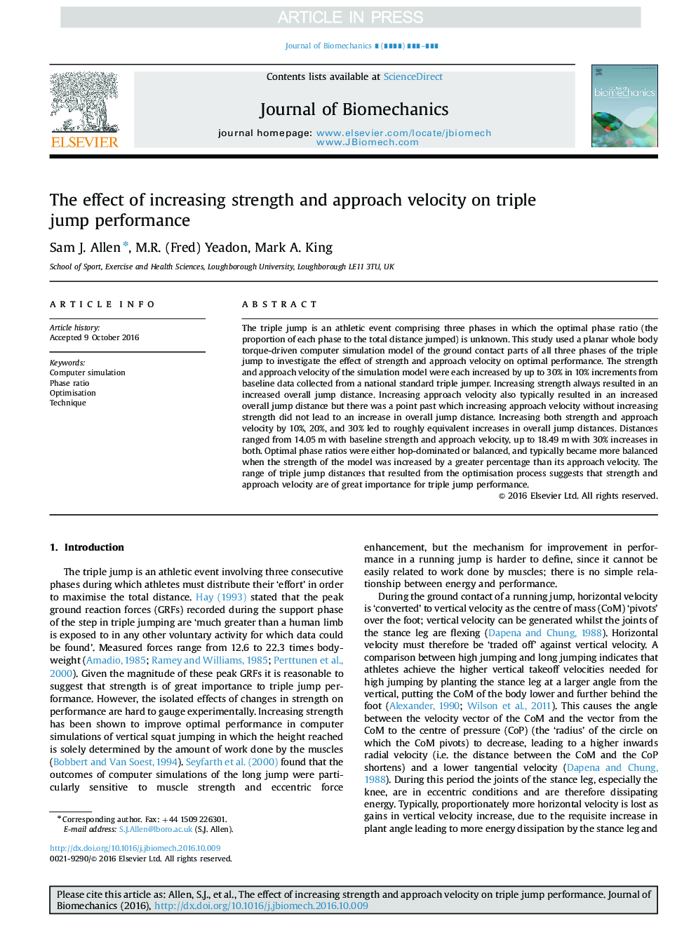 The effect of increasing strength and approach velocity on triple jump performance
