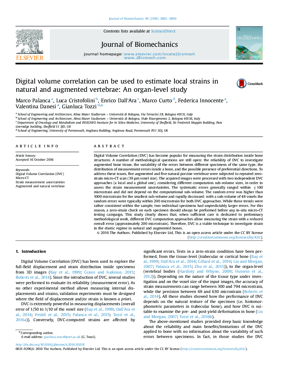 Digital volume correlation can be used to estimate local strains in natural and augmented vertebrae: An organ-level study