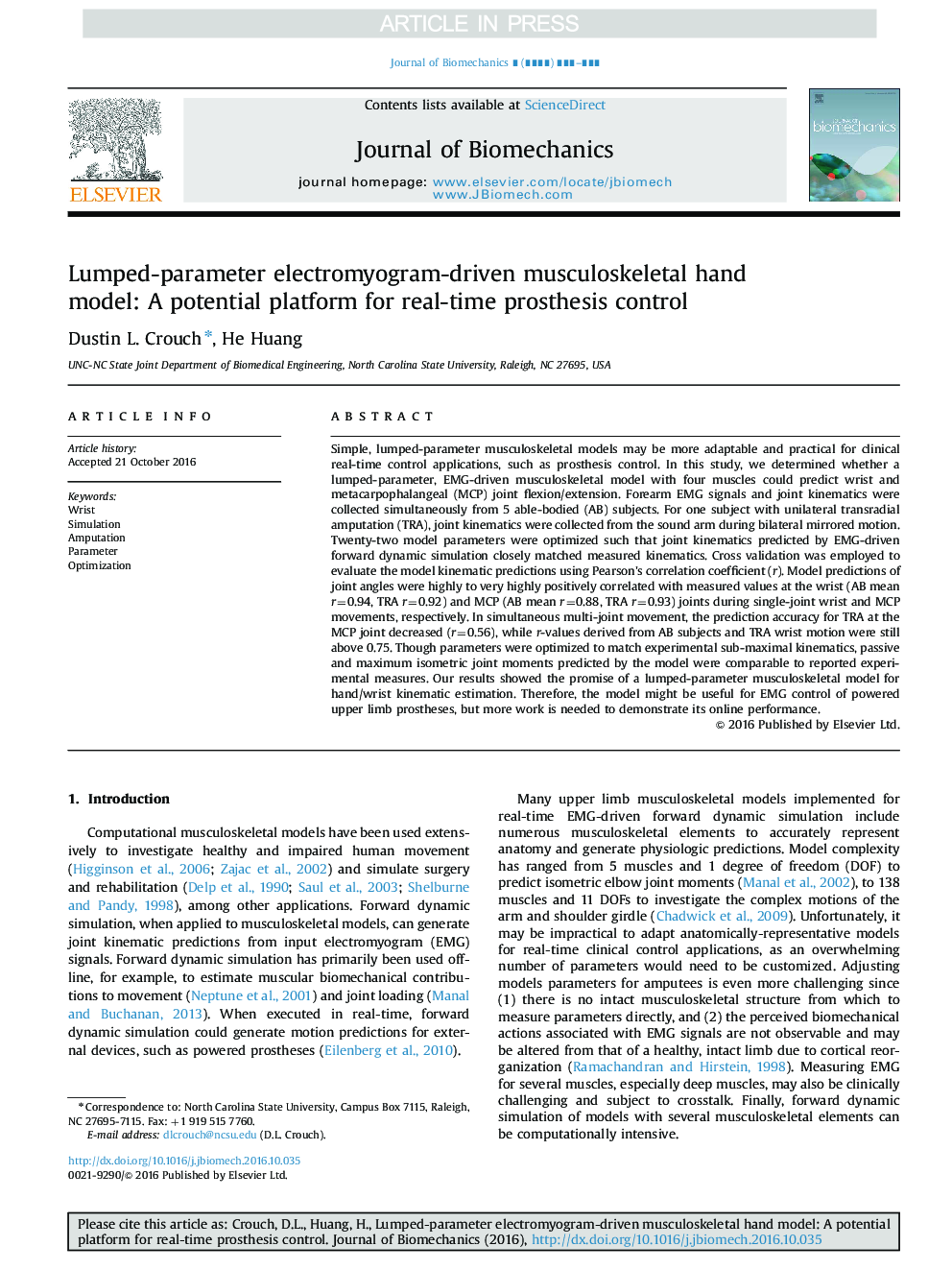 Lumped-parameter electromyogram-driven musculoskeletal hand model: A potential platform for real-time prosthesis control