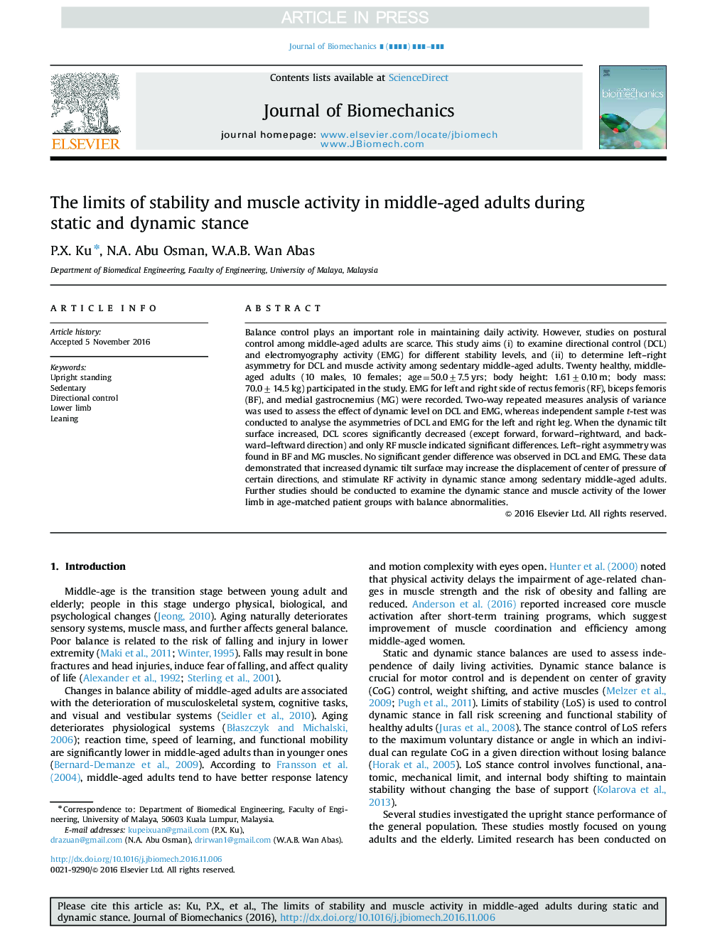 The limits of stability and muscle activity in middle-aged adults during static and dynamic stance