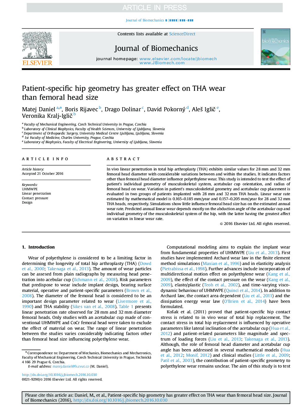 Patient-specific hip geometry has greater effect on THA wear than femoral head size