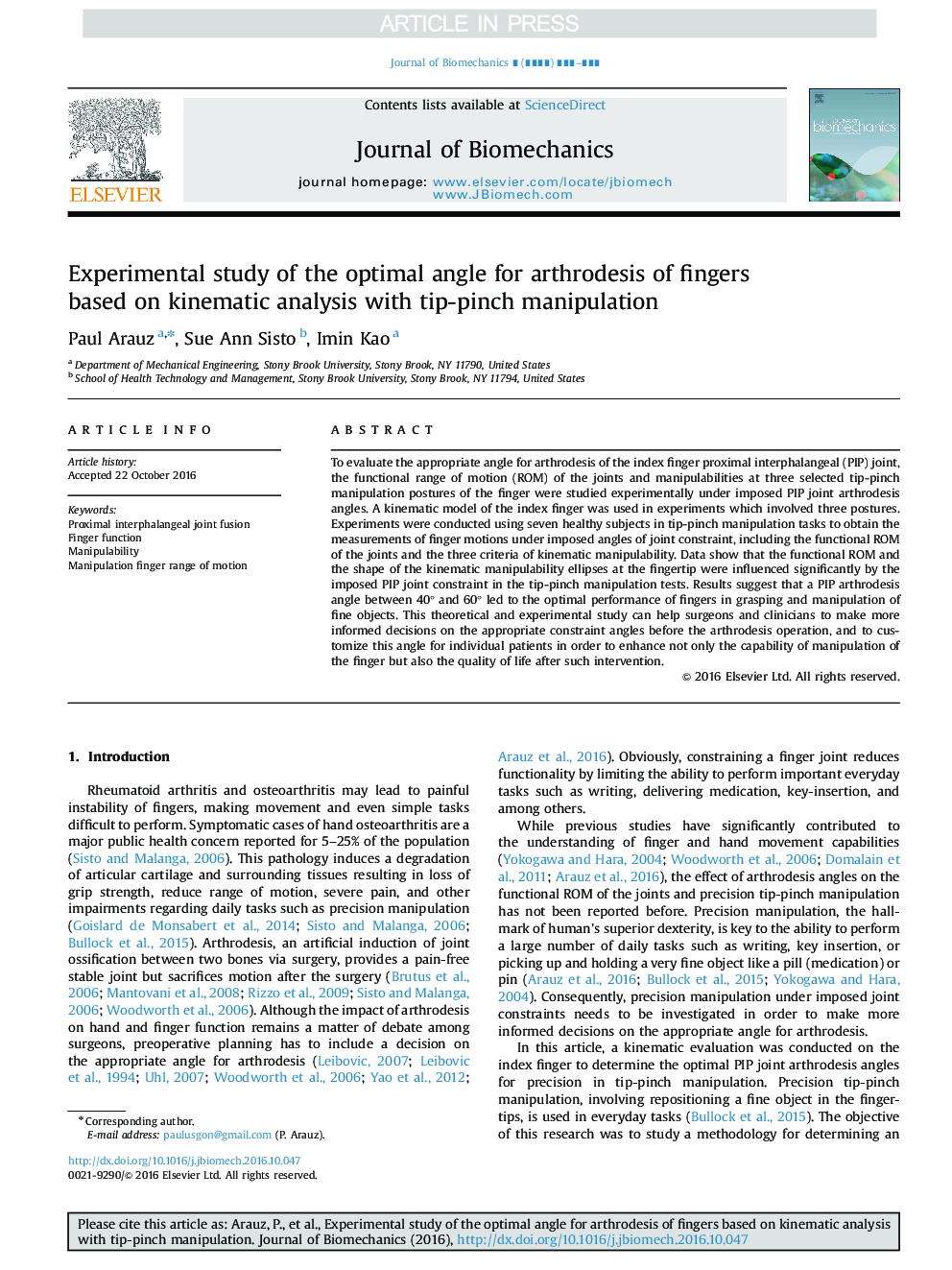 Experimental study of the optimal angle for arthrodesis of fingers based on kinematic analysis with tip-pinch manipulation