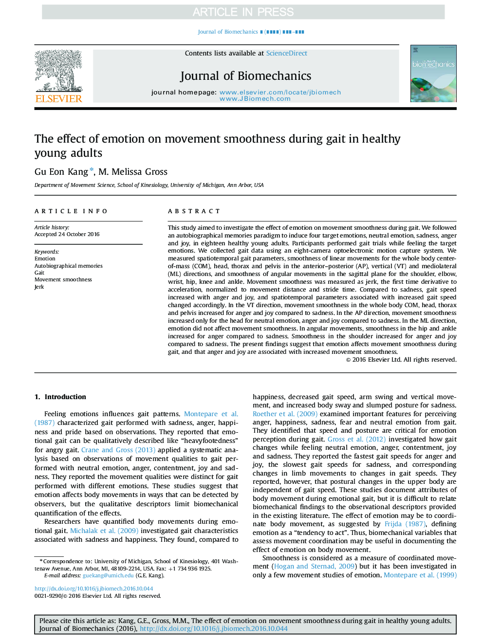 The effect of emotion on movement smoothness during gait in healthy young adults