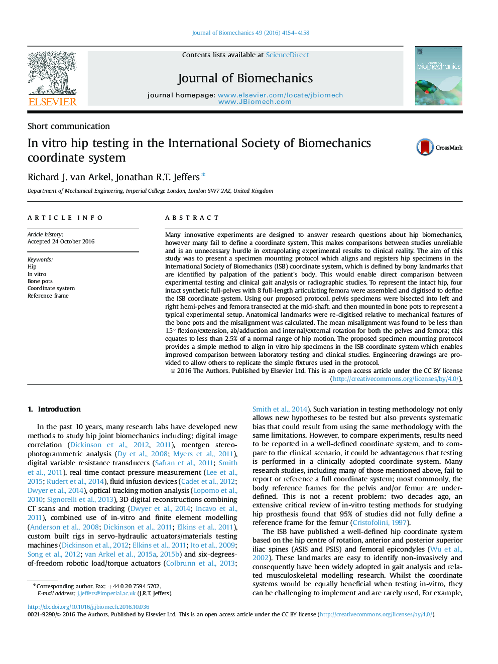 Short communicationIn vitro hip testing in the International Society of Biomechanics coordinate system
