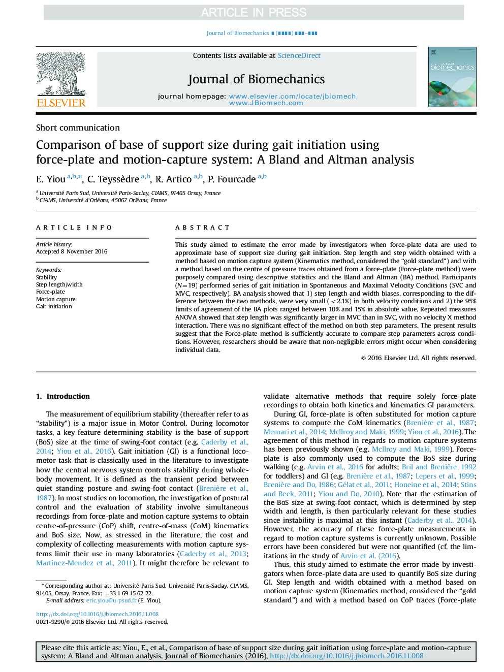 Comparison of base of support size during gait initiation using force-plate and motion-capture system: A Bland and Altman analysis