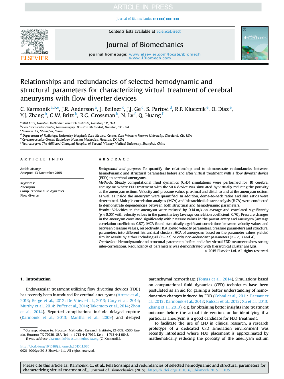 Relationships and redundancies of selected hemodynamic and structural parameters for characterizing virtual treatment of cerebral aneurysms with flow diverter devices