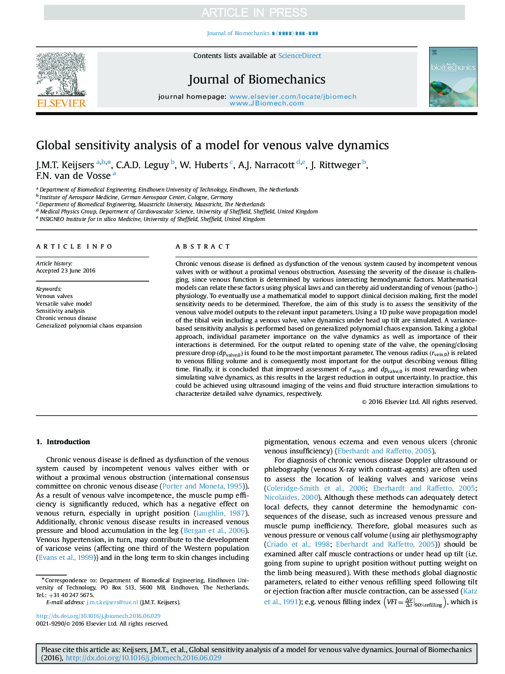 Global sensitivity analysis of a model for venous valve dynamics