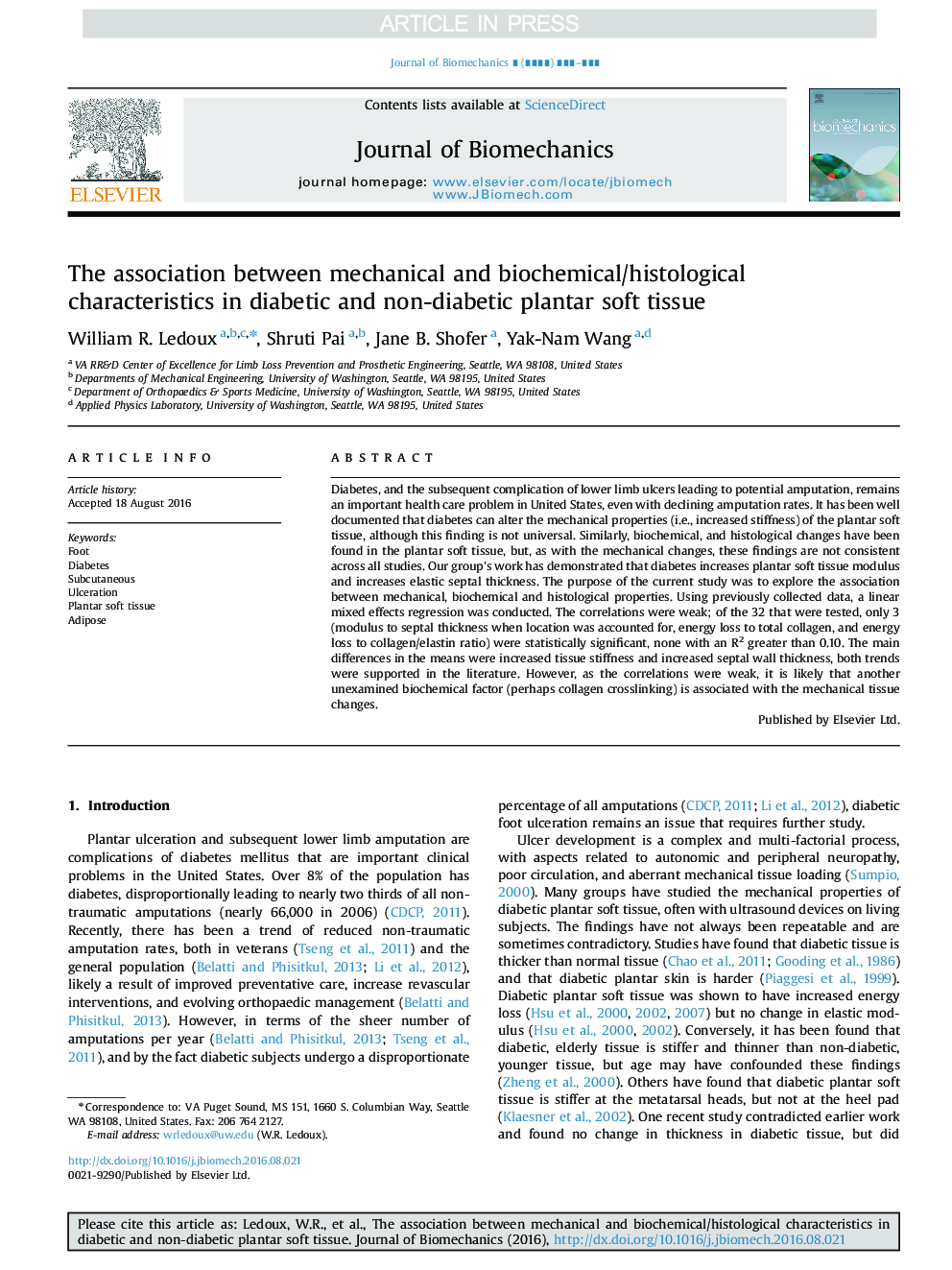 ارتباط بین ویژگی های مکانیکی و بیوشیمیایی / بافت شناختی در بافت نرم دیابتی و غیر دیابتی کفاف نرم 