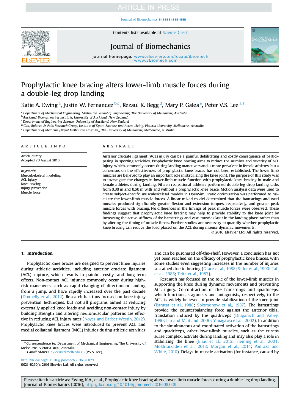 Prophylactic knee bracing alters lower-limb muscle forces during a double-leg drop landing