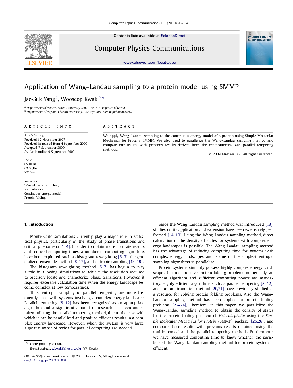 Application of Wang–Landau sampling to a protein model using SMMP