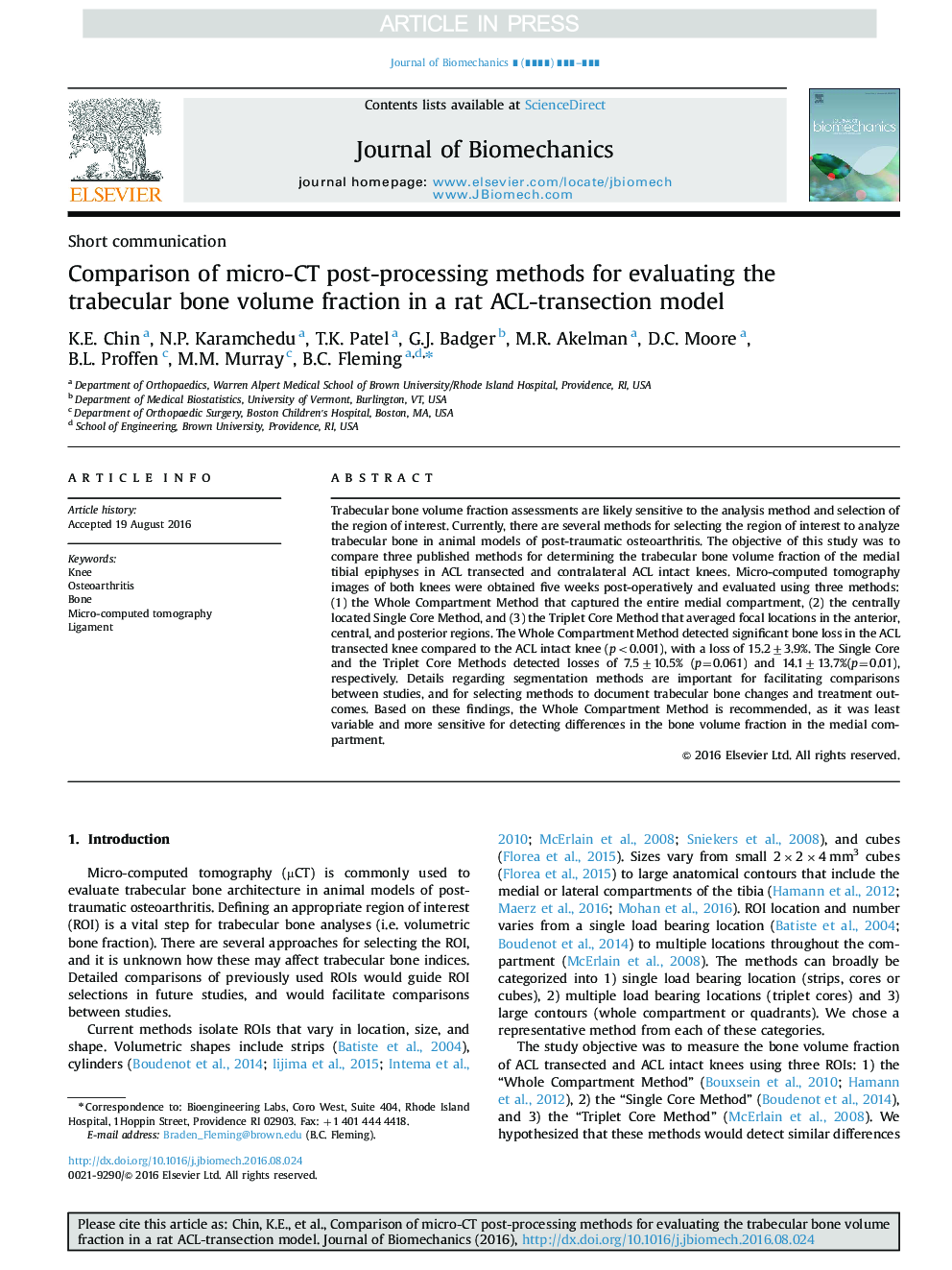 Comparison of micro-CT post-processing methods for evaluating the trabecular bone volume fraction in a rat ACL-transection model