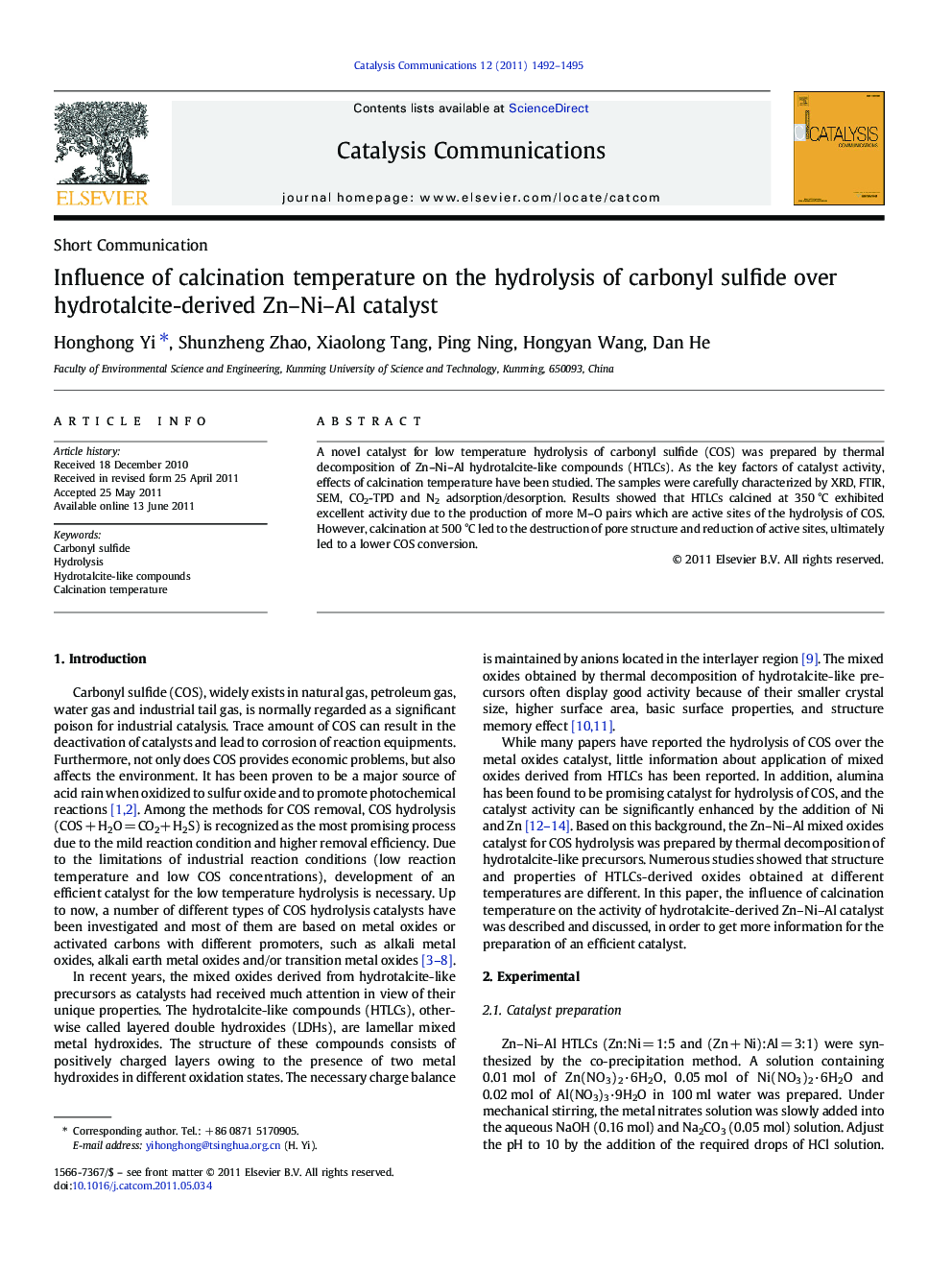 Influence of calcination temperature on the hydrolysis of carbonyl sulfide over hydrotalcite-derived Zn–Ni–Al catalyst