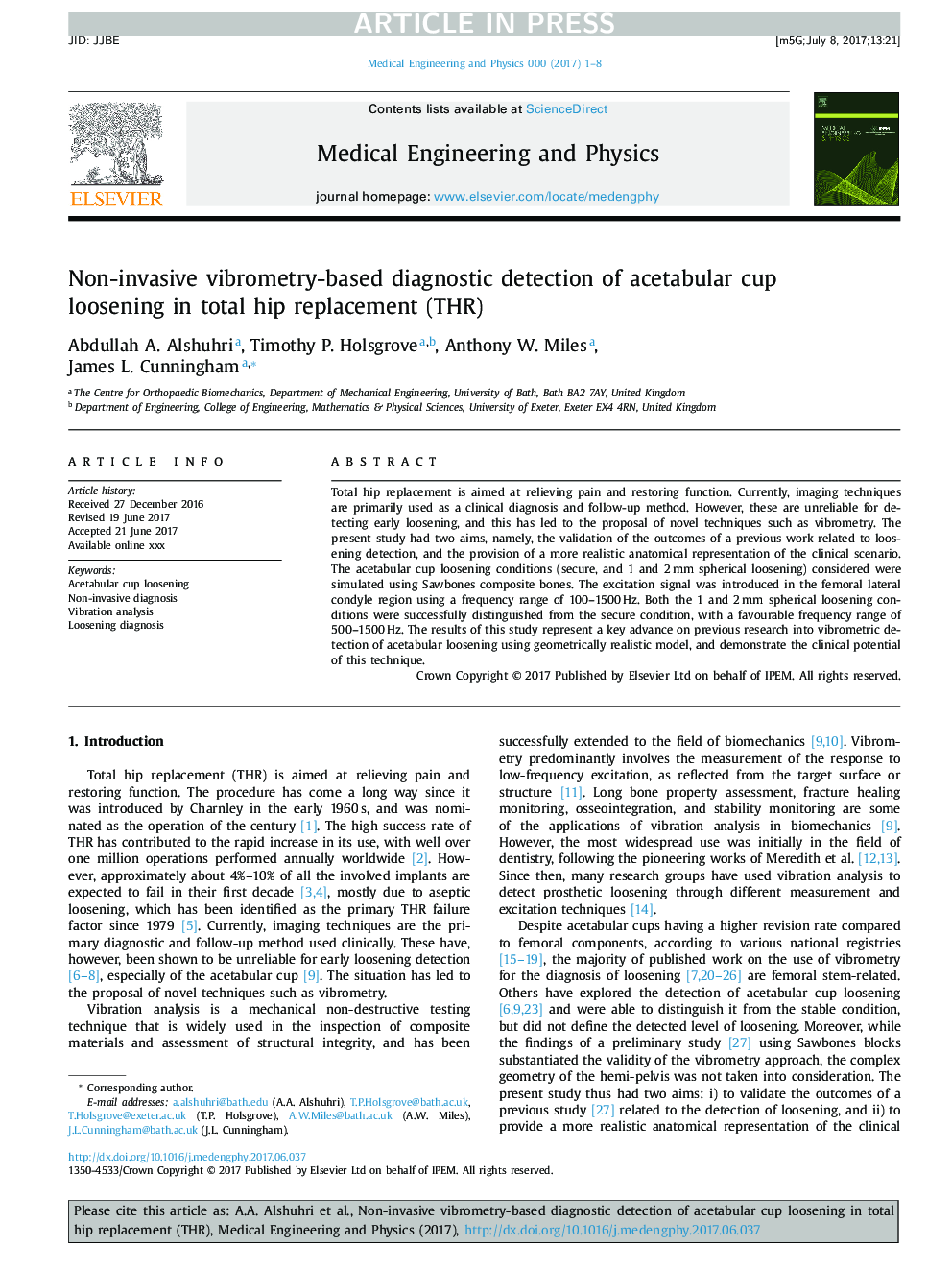 Non-invasive vibrometry-based diagnostic detection of acetabular cup loosening in total hip replacement (THR)