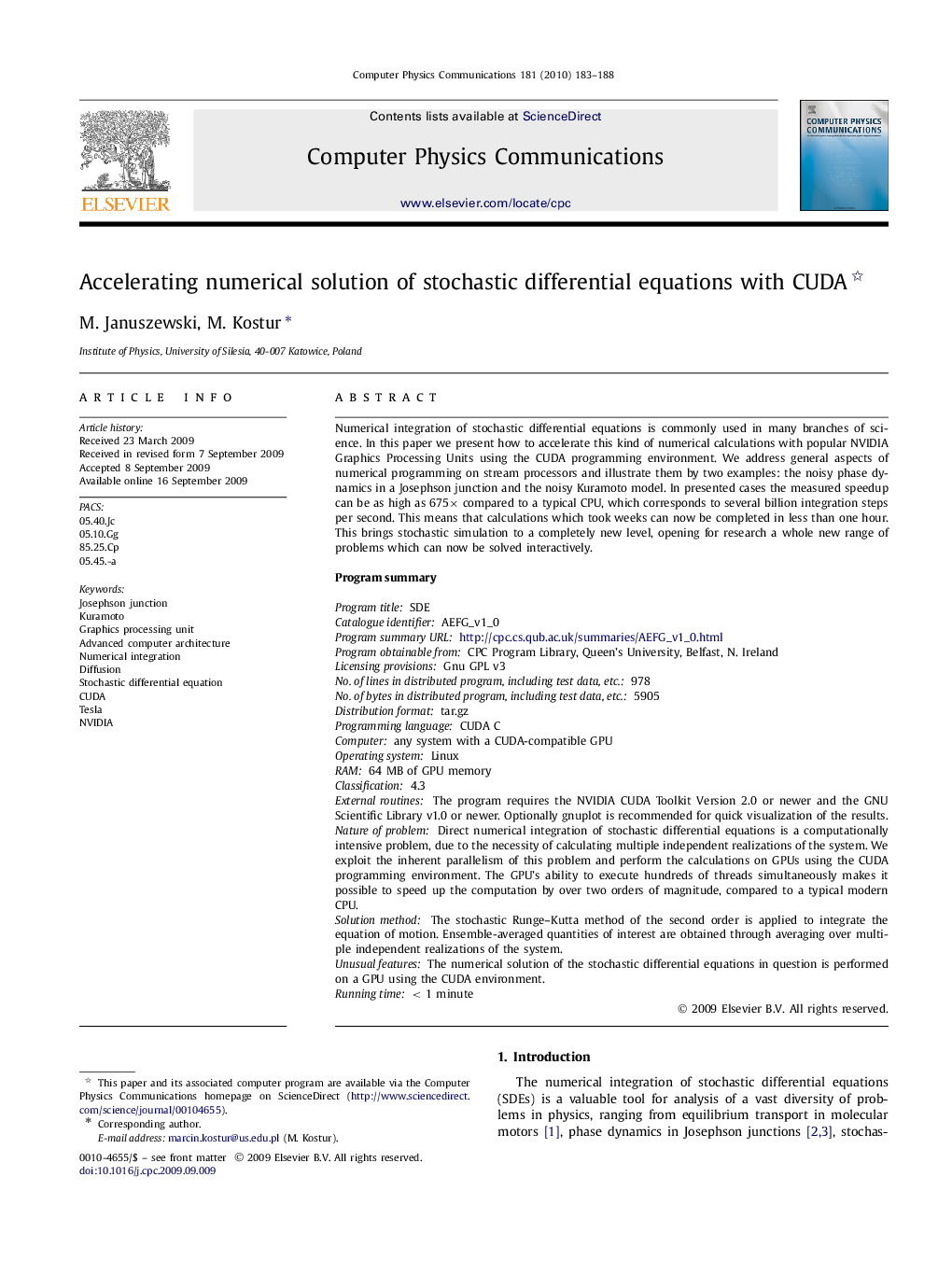 Accelerating numerical solution of stochastic differential equations with CUDA 