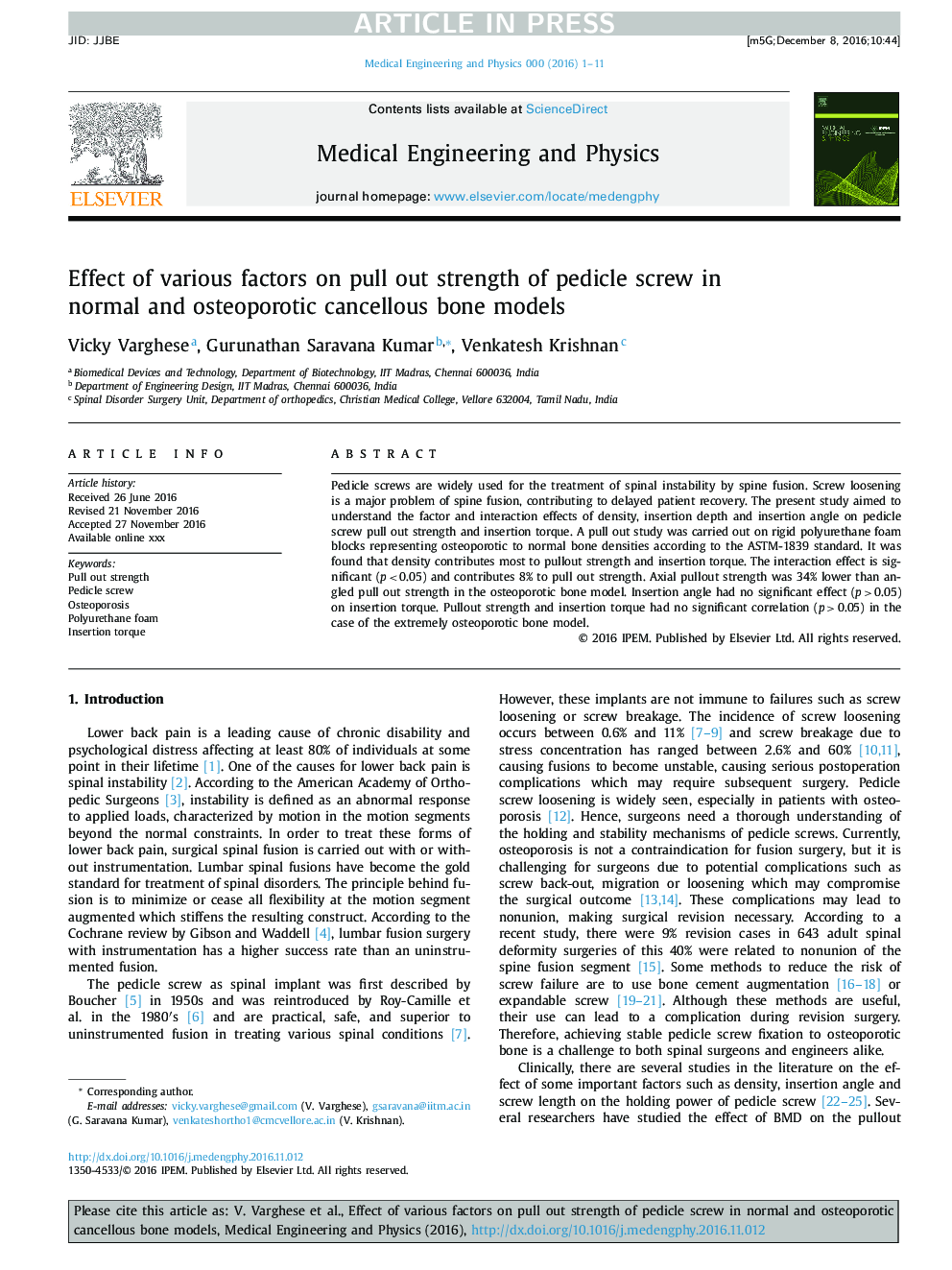 Effect of various factors on pull out strength of pedicle screw in normal and osteoporotic cancellous bone models