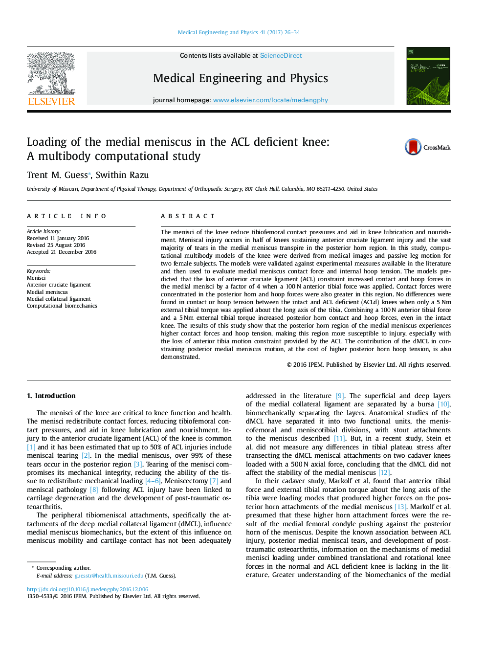 Loading of the medial meniscus in the ACL deficient knee: A multibody computational study