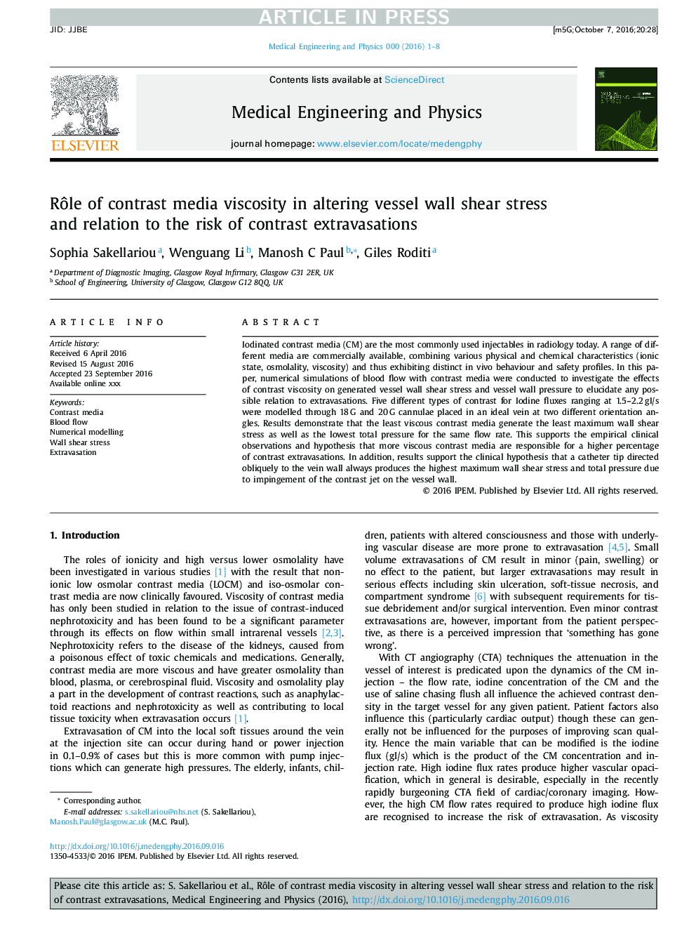 RÃ´le of contrast media viscosity in altering vessel wall shear stress and relation to the risk of contrast extravasations