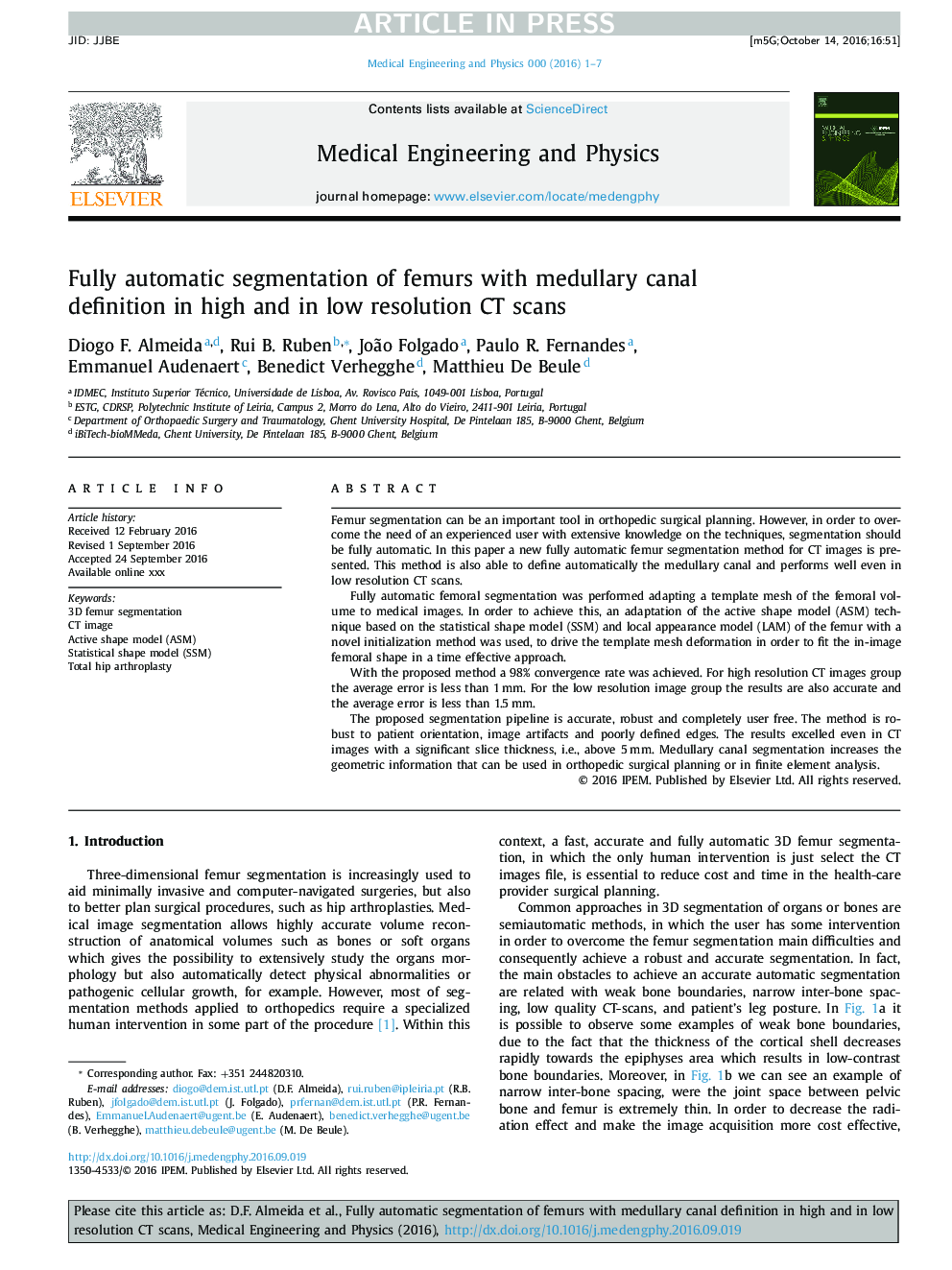 Fully automatic segmentation of femurs with medullary canal definition in high and in low resolution CT scans