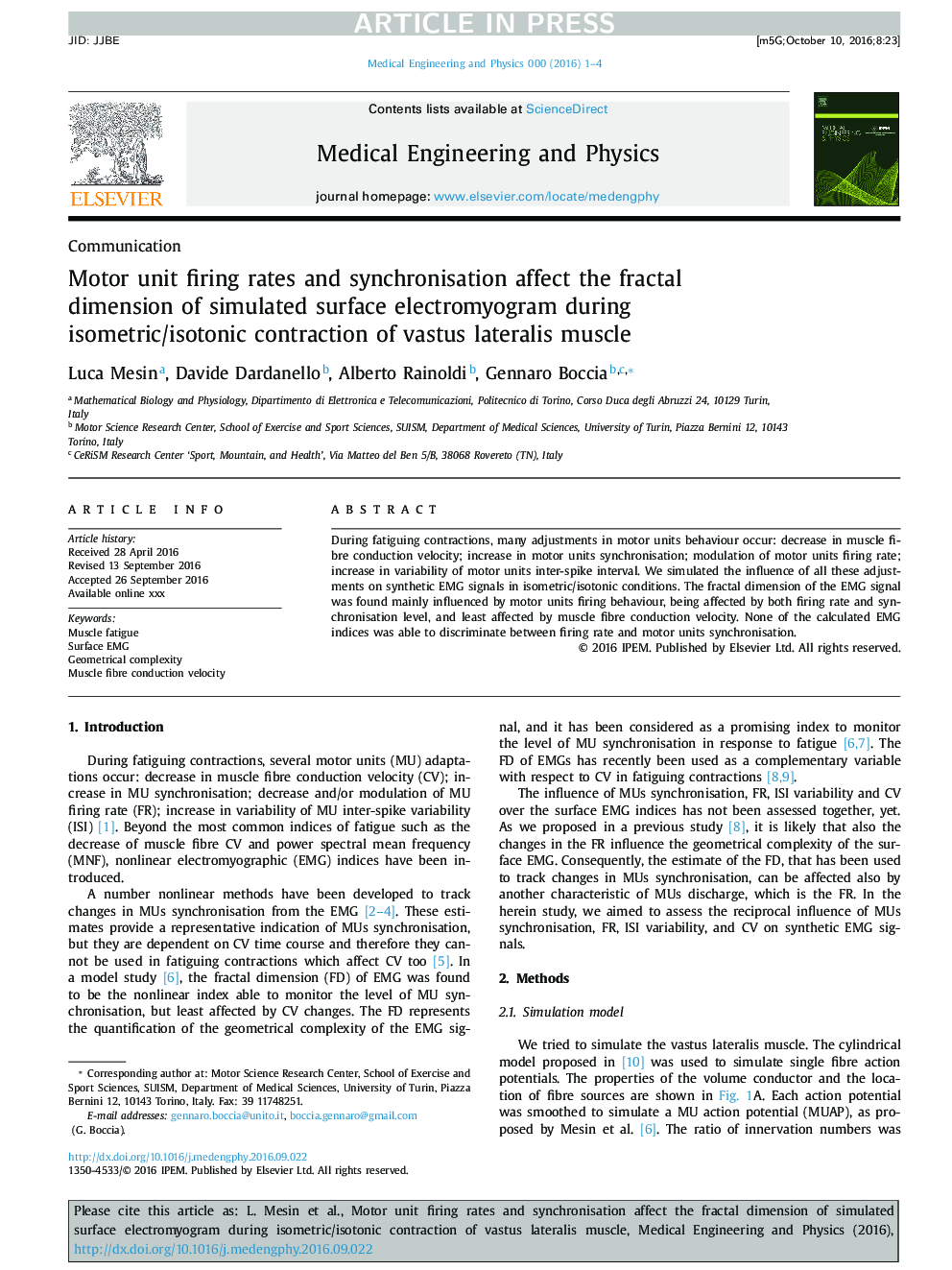 Motor unit firing rates and synchronisation affect the fractal dimension of simulated surface electromyogram during isometric/isotonic contraction of vastus lateralis muscle