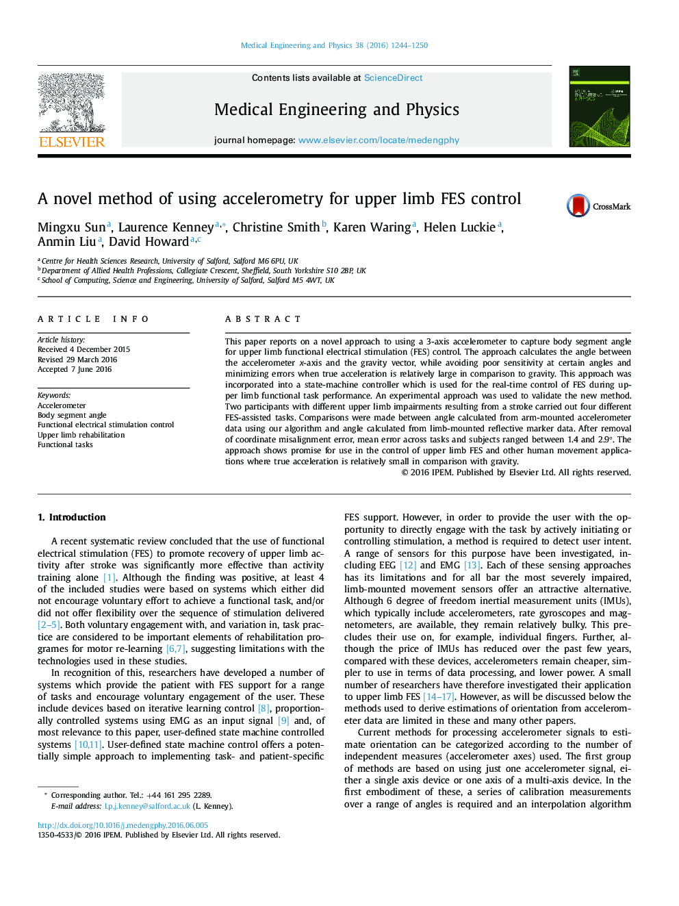 A novel method of using accelerometry for upper limb FES control