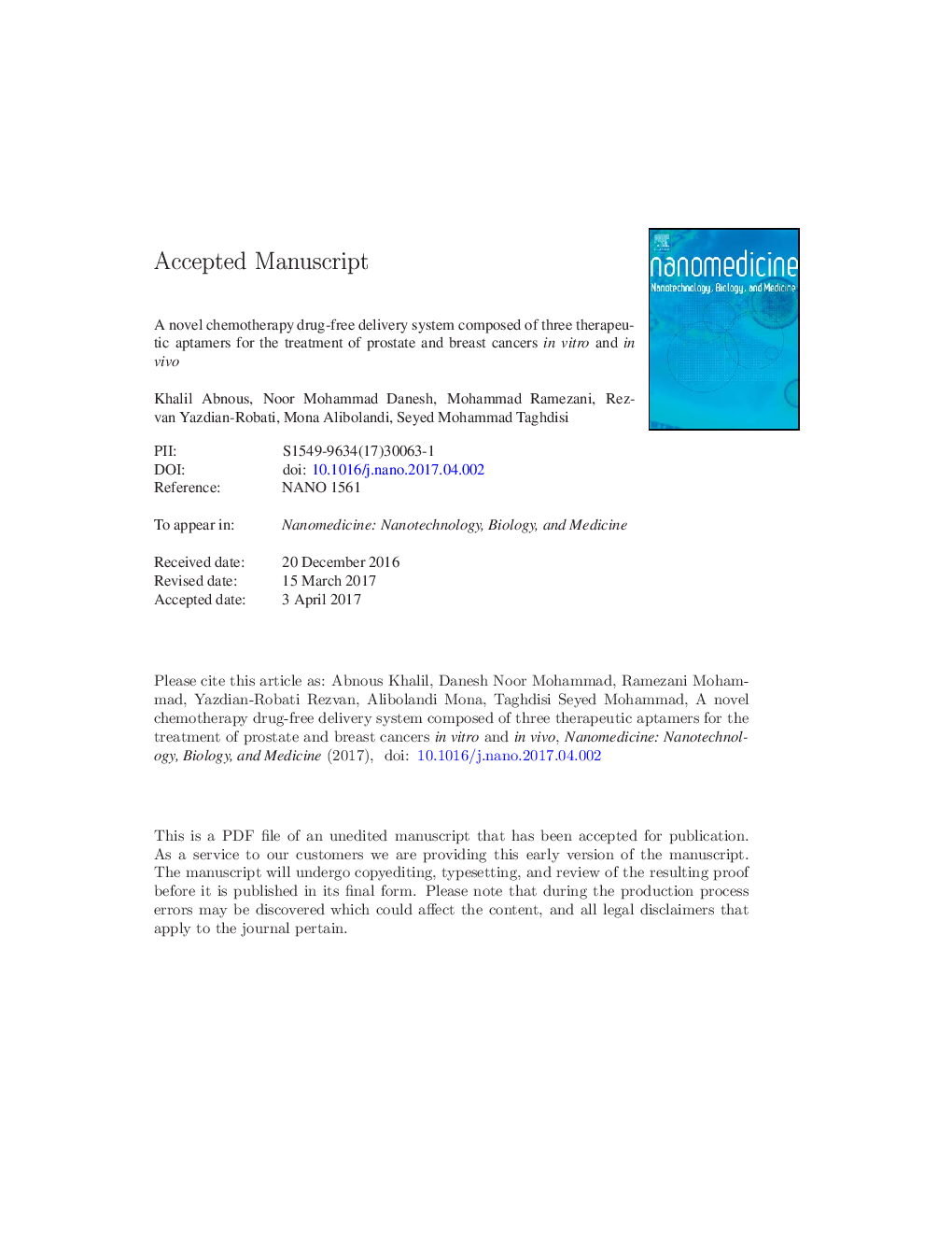 عکس صفحه اول مقاله: A novel chemotherapy drug-free delivery system composed of three therapeutic aptamers for the treatment of prostate and breast cancers in vitro and in vivo A novel chemotherapy drug-free delivery system composed of three therapeutic aptamers for the treatment of prostate and breast cancers in vitro and in vivo