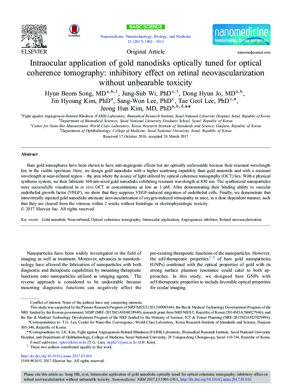 Intraocular application of gold nanodisks optically tuned for optical coherence tomography: inhibitory effect on retinal neovascularization without unbearable toxicity
