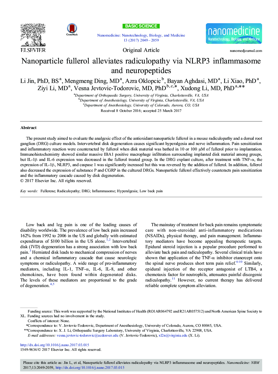 Original ArticleNanoparticle fullerol alleviates radiculopathy via NLRP3 inflammasome and neuropeptides