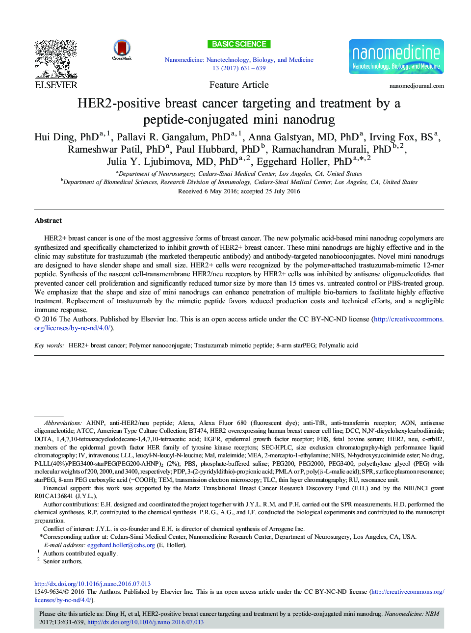 Feature ArticleHER2-positive breast cancer targeting and treatment by a peptide-conjugated mini nanodrug