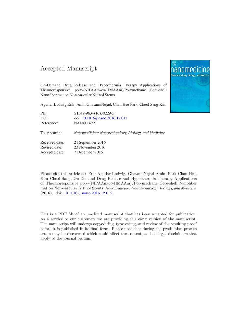 On-demand drug release and hyperthermia therapy applications of thermoresponsive poly-(NIPAAm-co-HMAAm)/polyurethane core-shell nanofiber mat on non-vascular nitinol stents