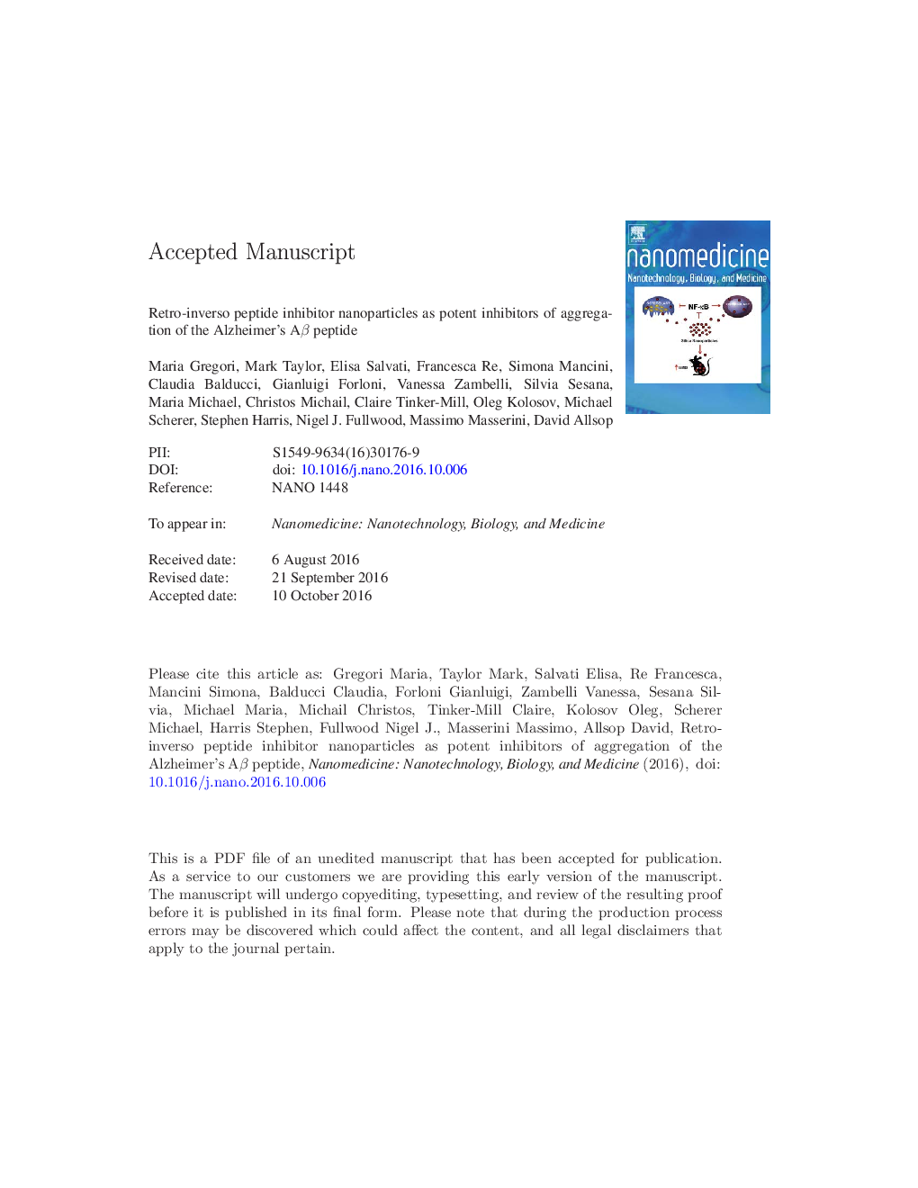 Retro-inverso peptide inhibitor nanoparticles as potent inhibitors of aggregation of the Alzheimer's AÎ² peptide