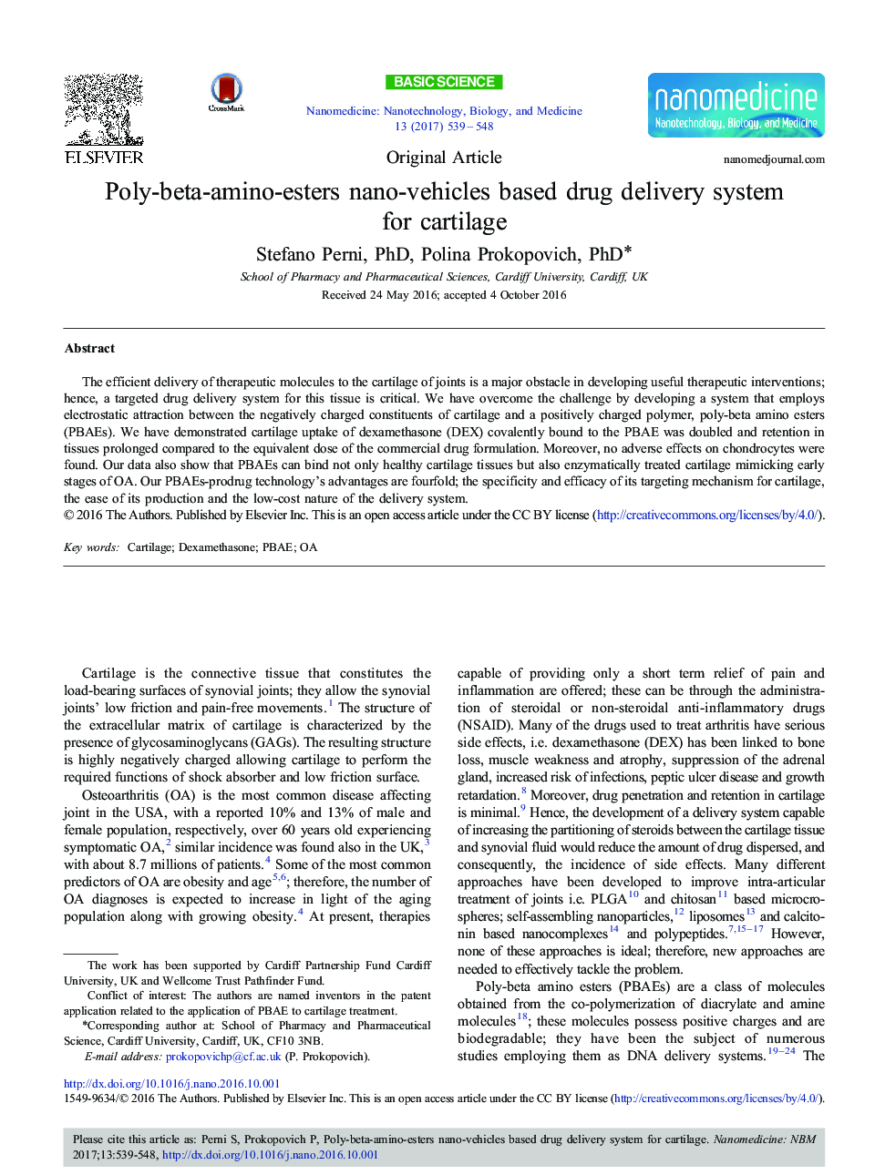 Poly-beta-amino-esters nano-vehicles based drug delivery system for cartilage