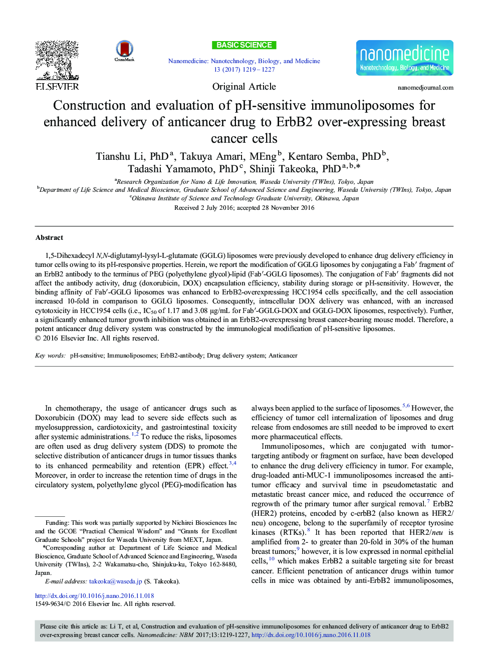 Original ArticleConstruction and evaluation of pH-sensitive immunoliposomes for enhanced delivery of anticancer drug to ErbB2 over-expressing breast cancer cells