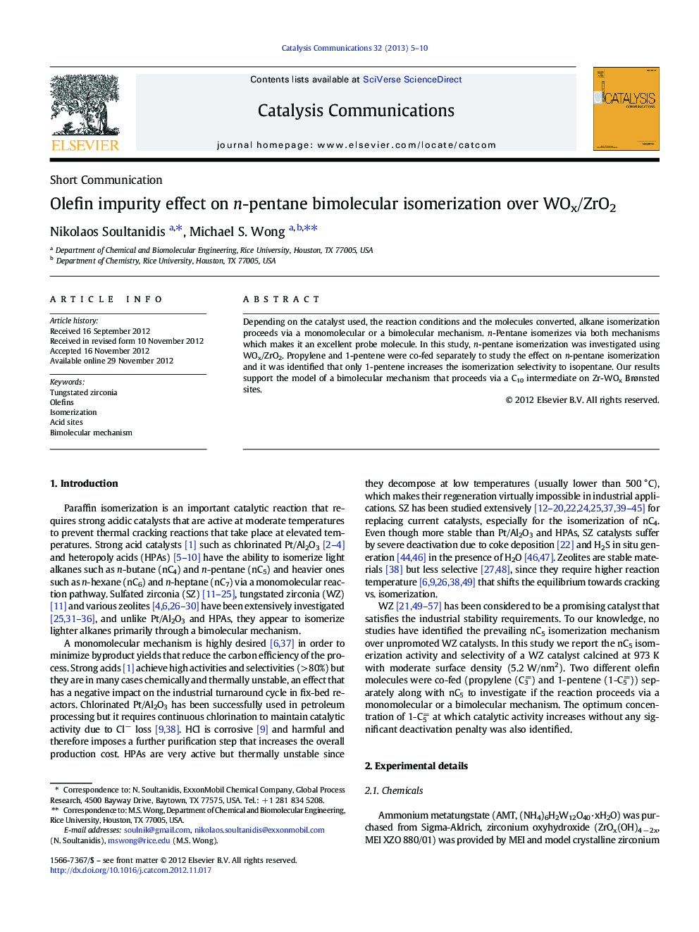 Olefin impurity effect on n-pentane bimolecular isomerization over WOx/ZrO2