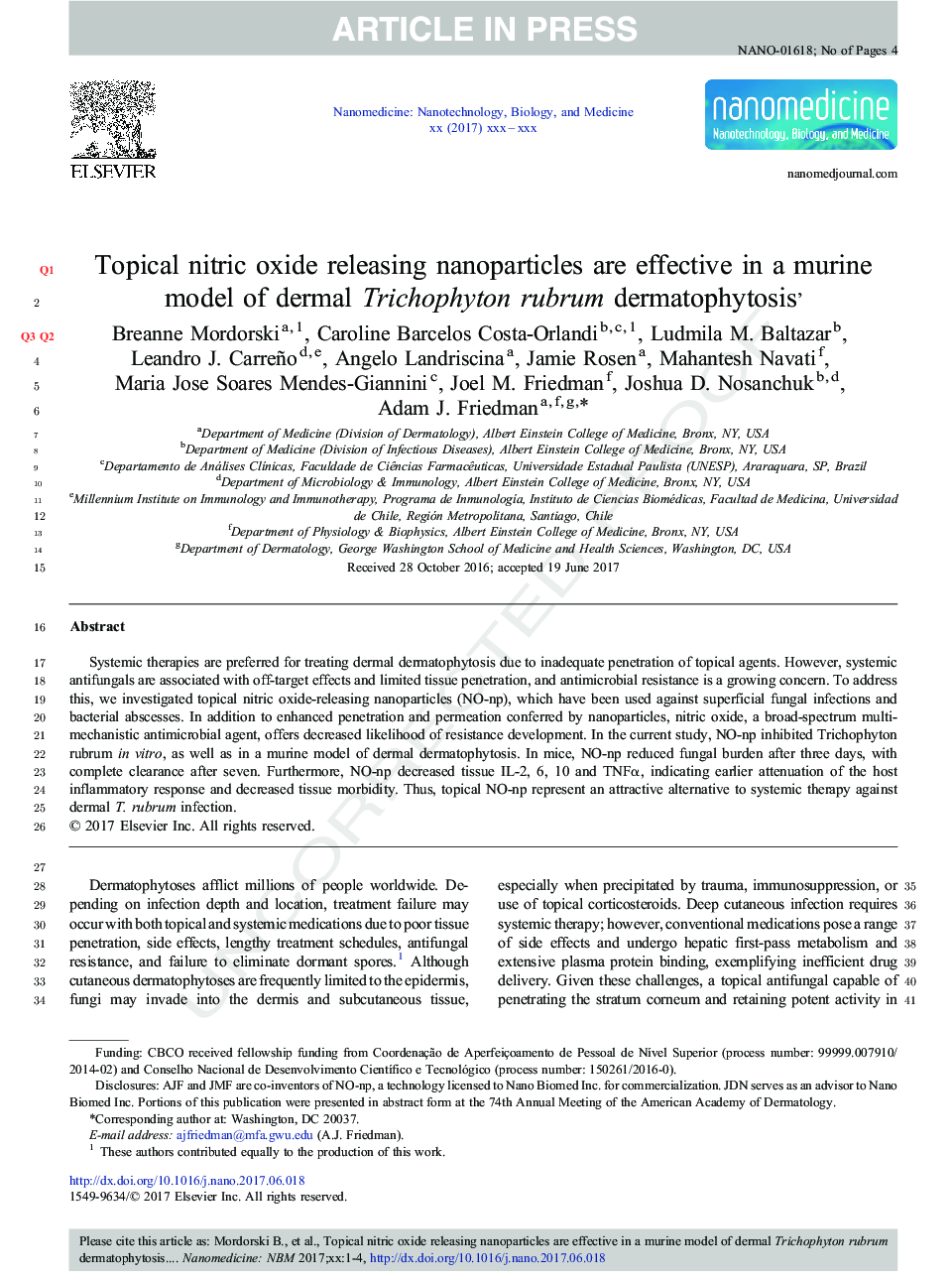 Topical nitric oxide releasing nanoparticles are effective in a murine model of dermal Trichophyton rubrum dermatophytosis