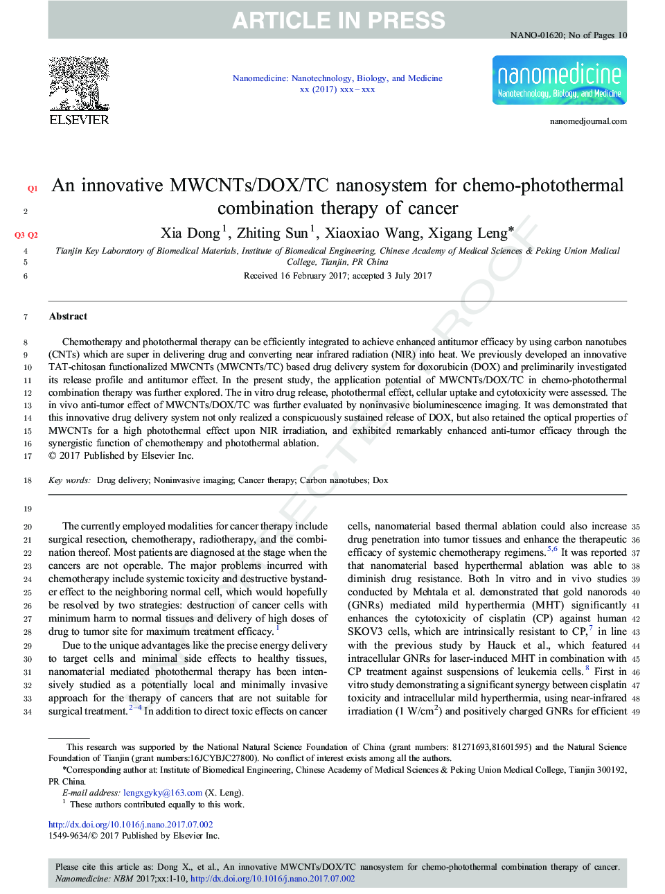 An innovative MWCNTs/DOX/TC nanosystem for chemo-photothermal combination therapy of cancer