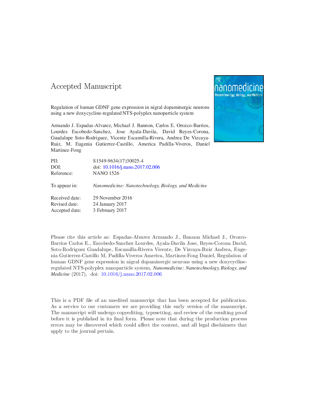 Regulation of human GDNF gene expression in nigral dopaminergic neurons using a new doxycycline-regulated NTS-polyplex nanoparticle system