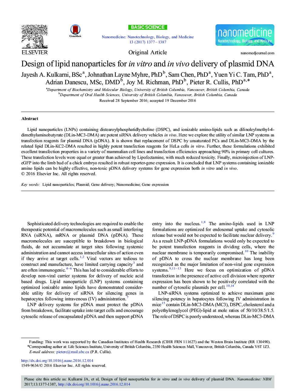 Design of lipid nanoparticles for in vitro and in vivo delivery of plasmid DNA