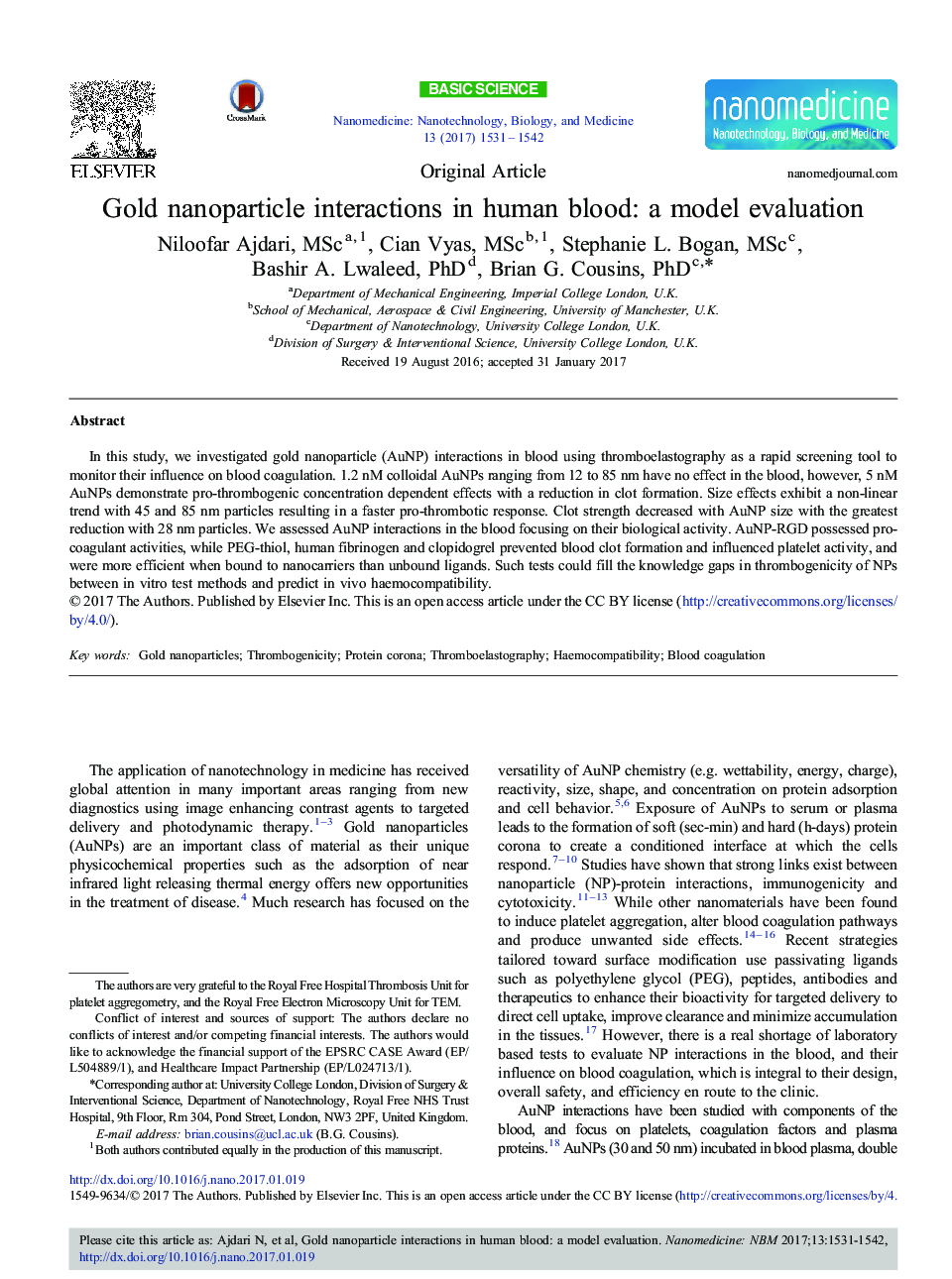 تعاملات نانوذره طلا در خون انسان: ارزیابی مدل 