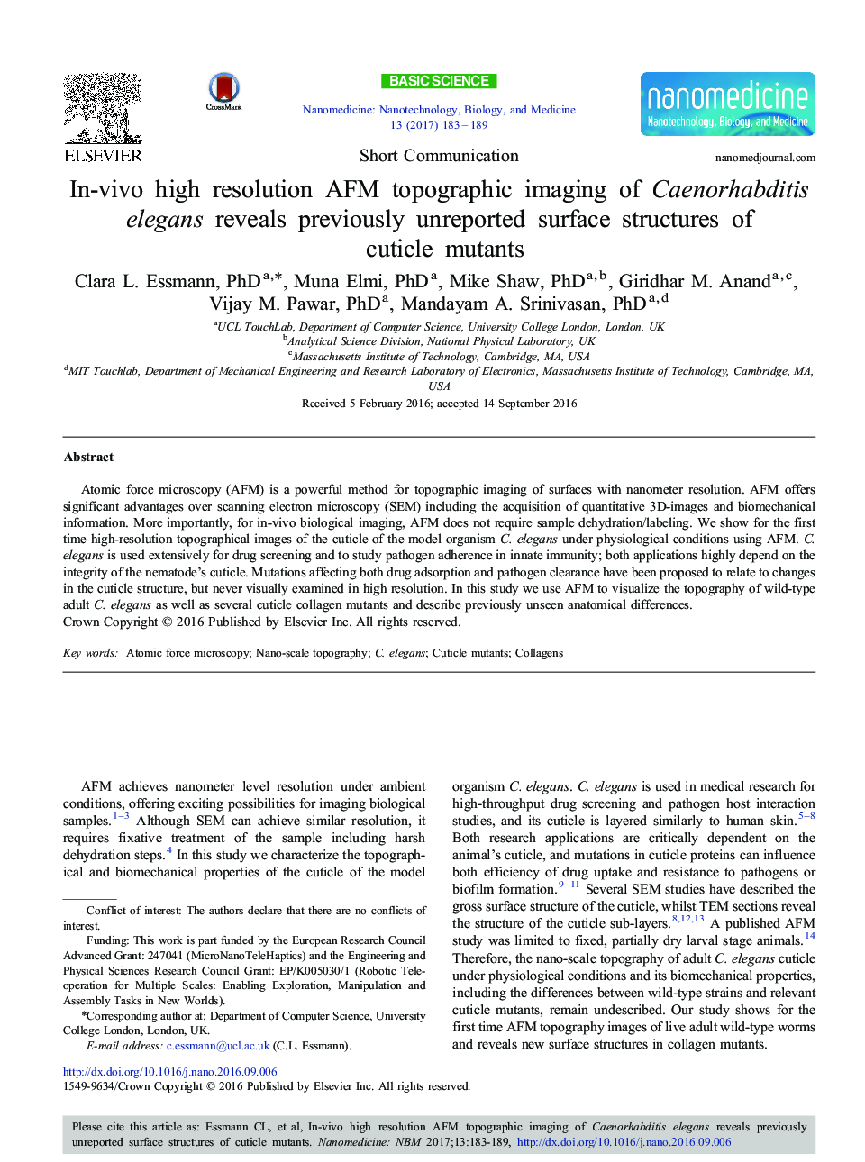 In-vivo high resolution AFM topographic imaging of Caenorhabditis elegans reveals previously unreported surface structures of cuticle mutants