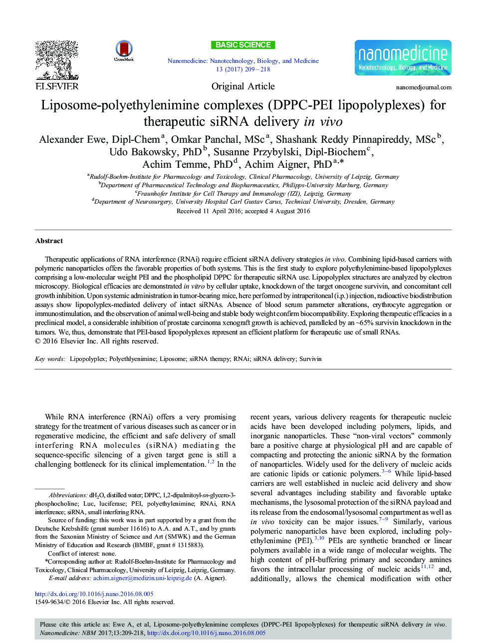 Liposome-polyethylenimine complexes (DPPC-PEI lipopolyplexes) for therapeutic siRNA delivery in vivo