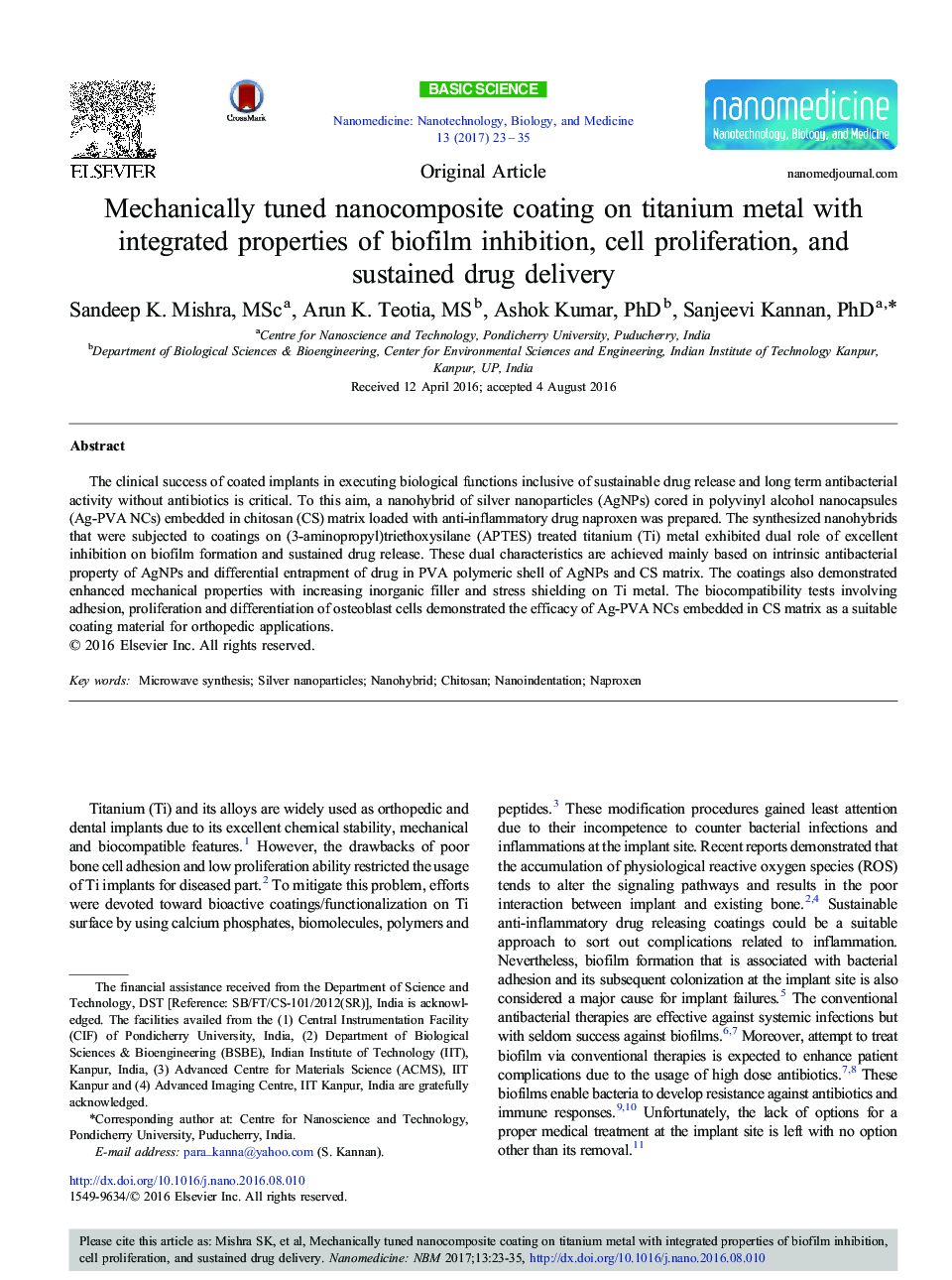 مقاله اصلی با استفاده از پوشش نانوکامپوزیتی روی فلز تیتانیوم با خواص یکپارچه مهار بیوفیلم، تکثیر سلولی و تحویل مداوم دارو 