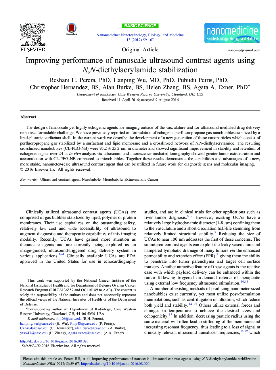 Improving performance of nanoscale ultrasound contrast agents using N,N-diethylacrylamide stabilization