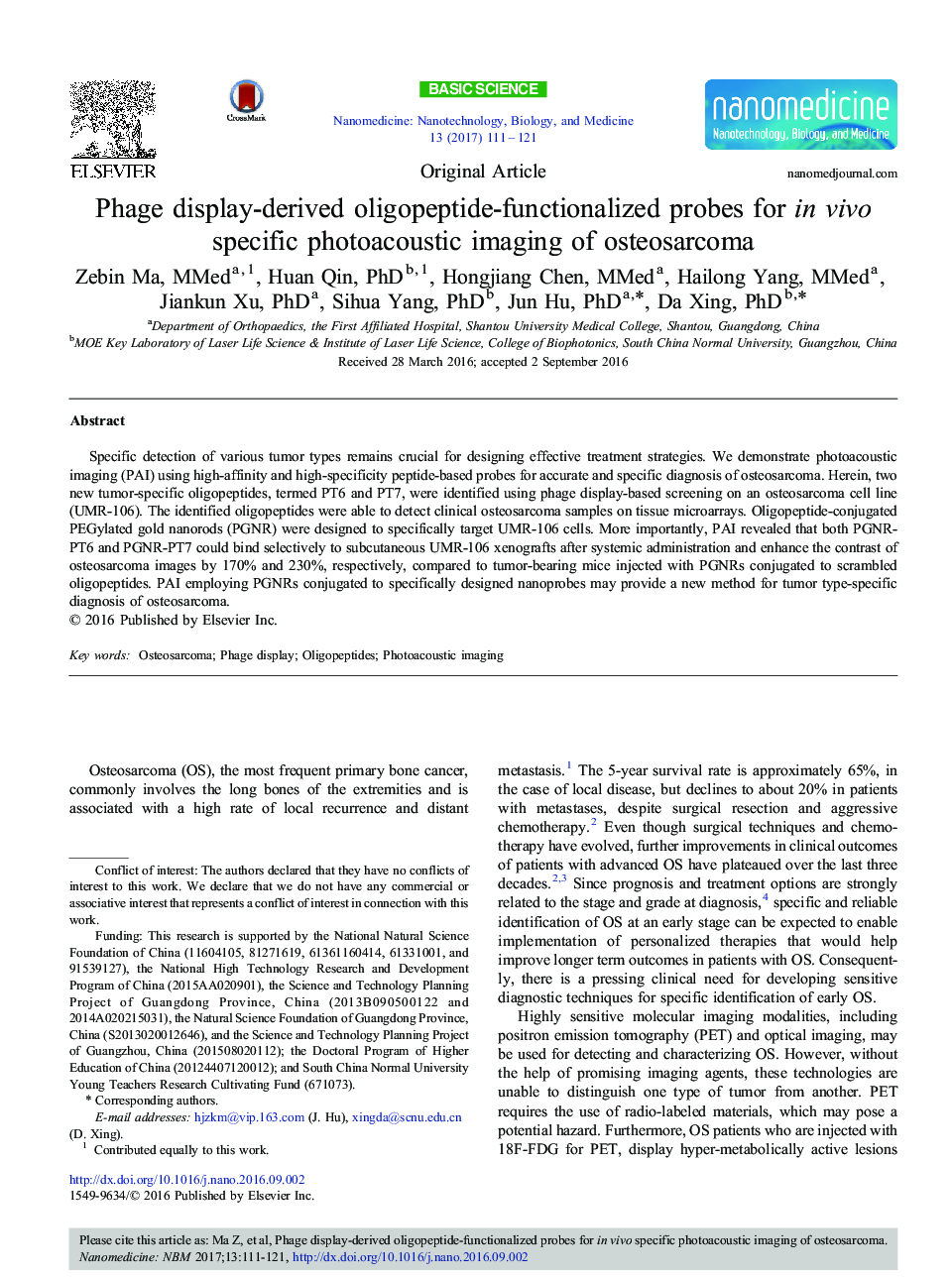 Phage display-derived oligopeptide-functionalized probes for in vivo specific photoacoustic imaging of osteosarcoma