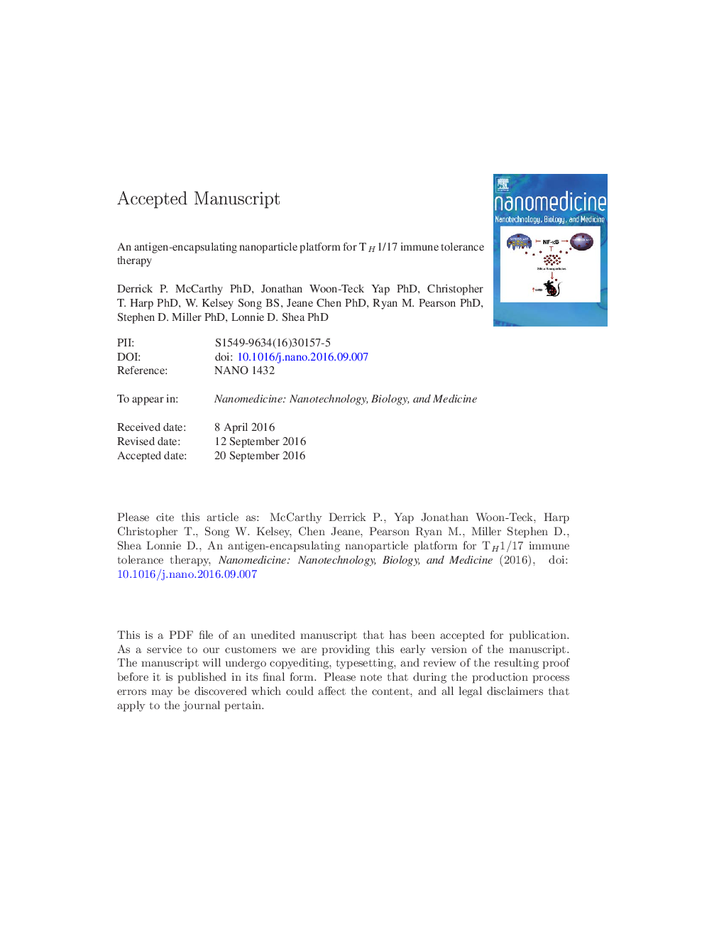 An antigen-encapsulating nanoparticle platform for TH1/17 immune tolerance therapy