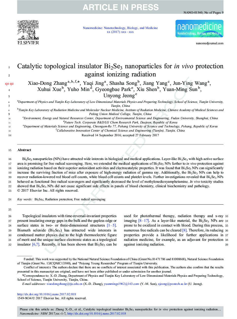 Catalytic topological insulator Bi2Se3 nanoparticles for invivo protection against ionizing radiation