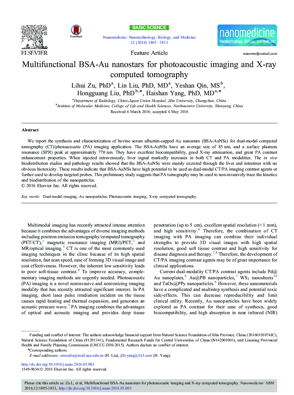 Multifunctional BSA-Au nanostars for photoacoustic imaging and X-ray computed tomography