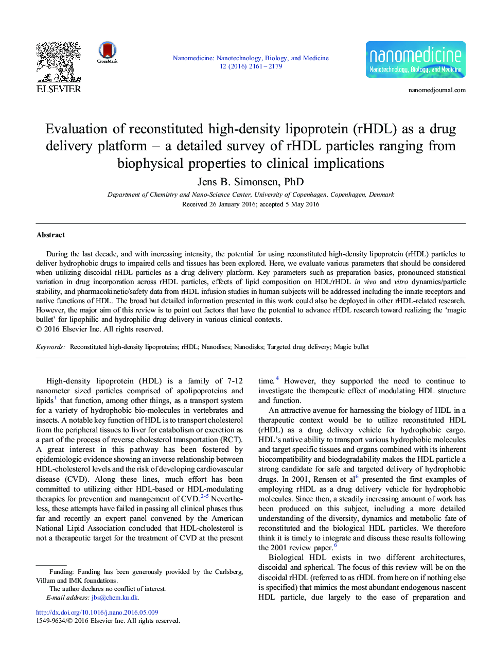 Evaluation of reconstituted high-density lipoprotein (rHDL) as a drug delivery platform - a detailed survey of rHDL particles ranging from biophysical properties to clinical implications