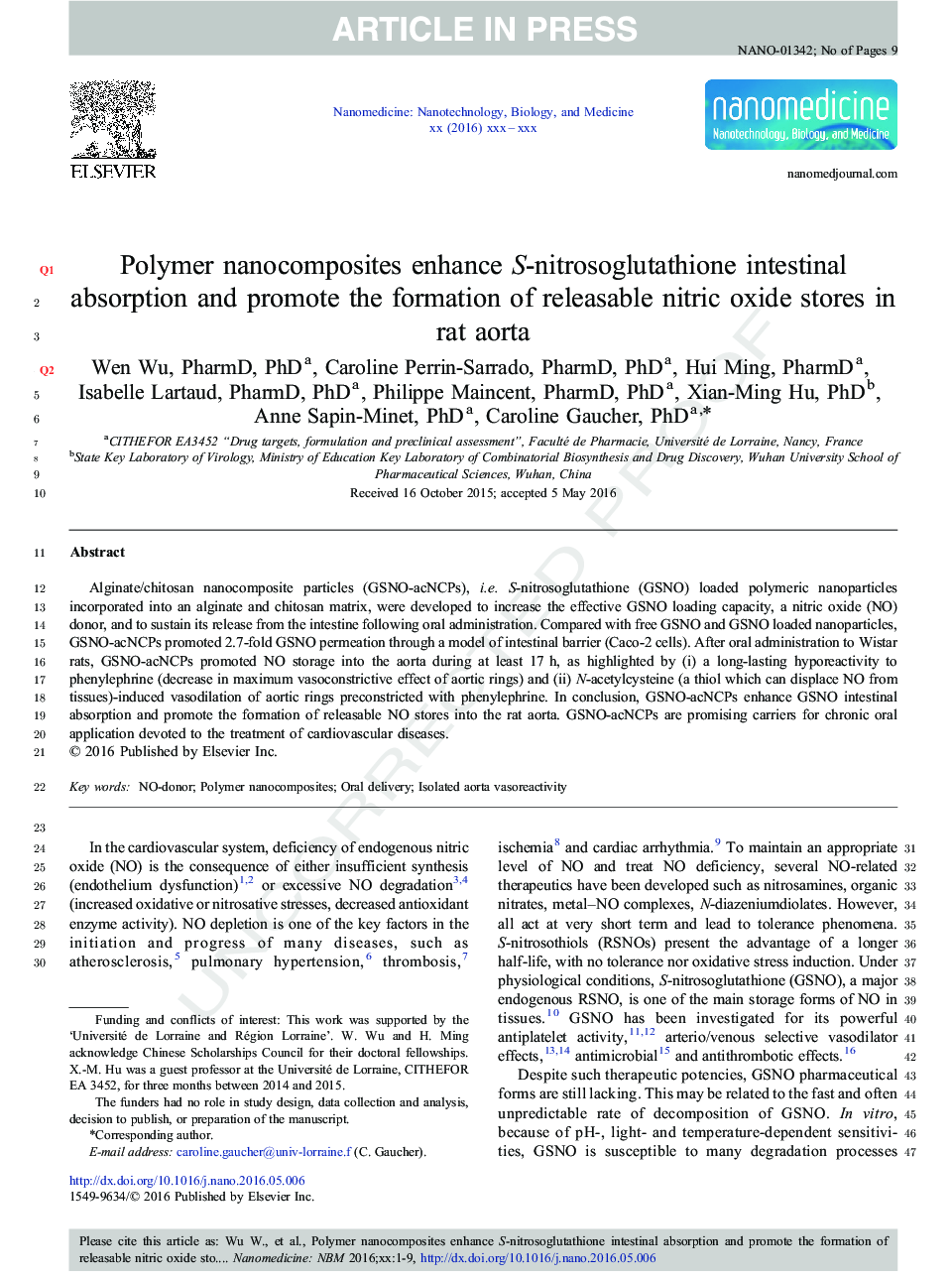 Polymer nanocomposites enhance S-nitrosoglutathione intestinal absorption and promote the formation of releasable nitric oxide stores in rat aorta