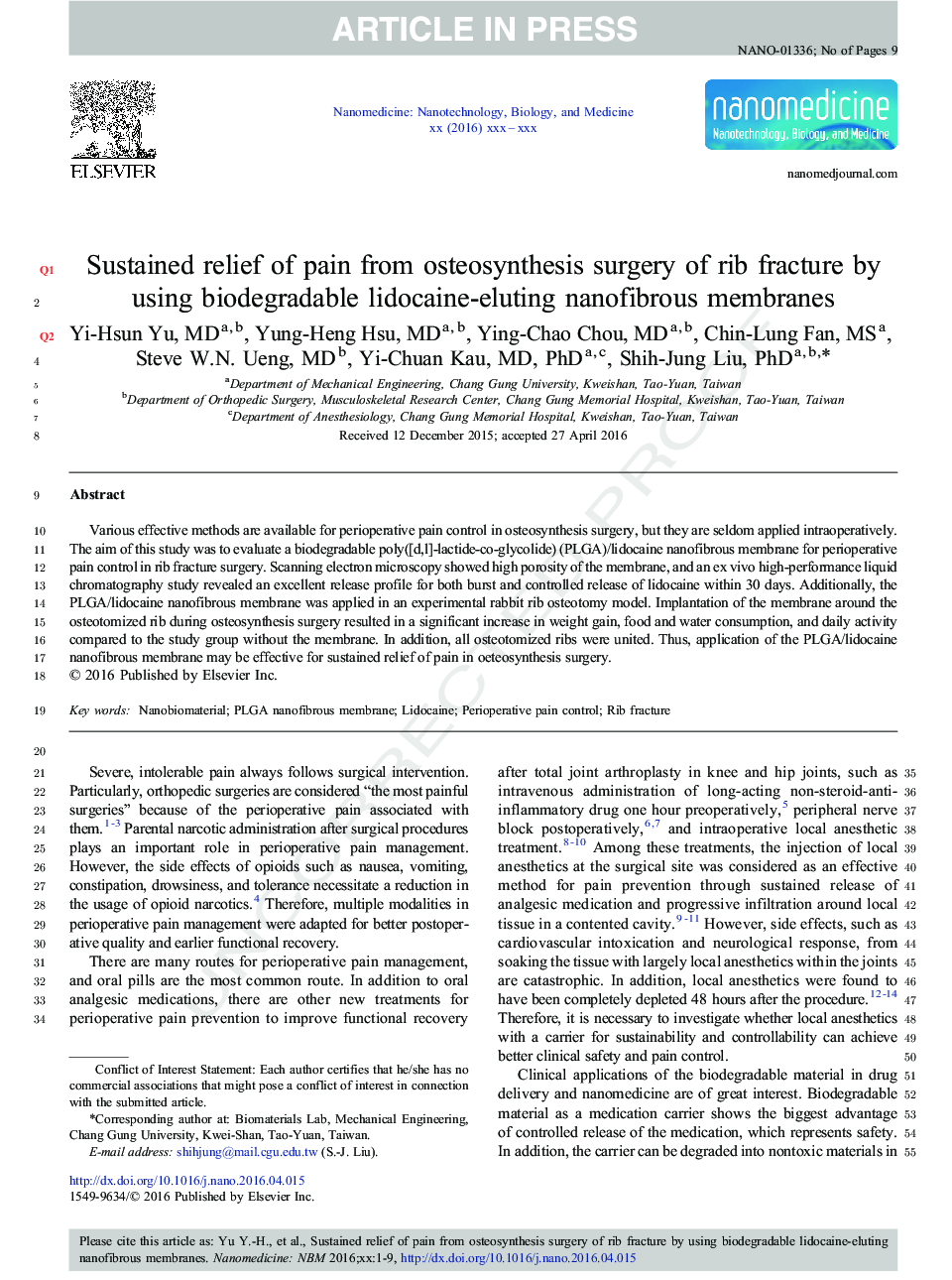 تسکین پایدار درد از عمل جراحی استئوآرزئونیک شکستگی رگ با استفاده از غشاهای نانوفیلتر لیدوکائین 