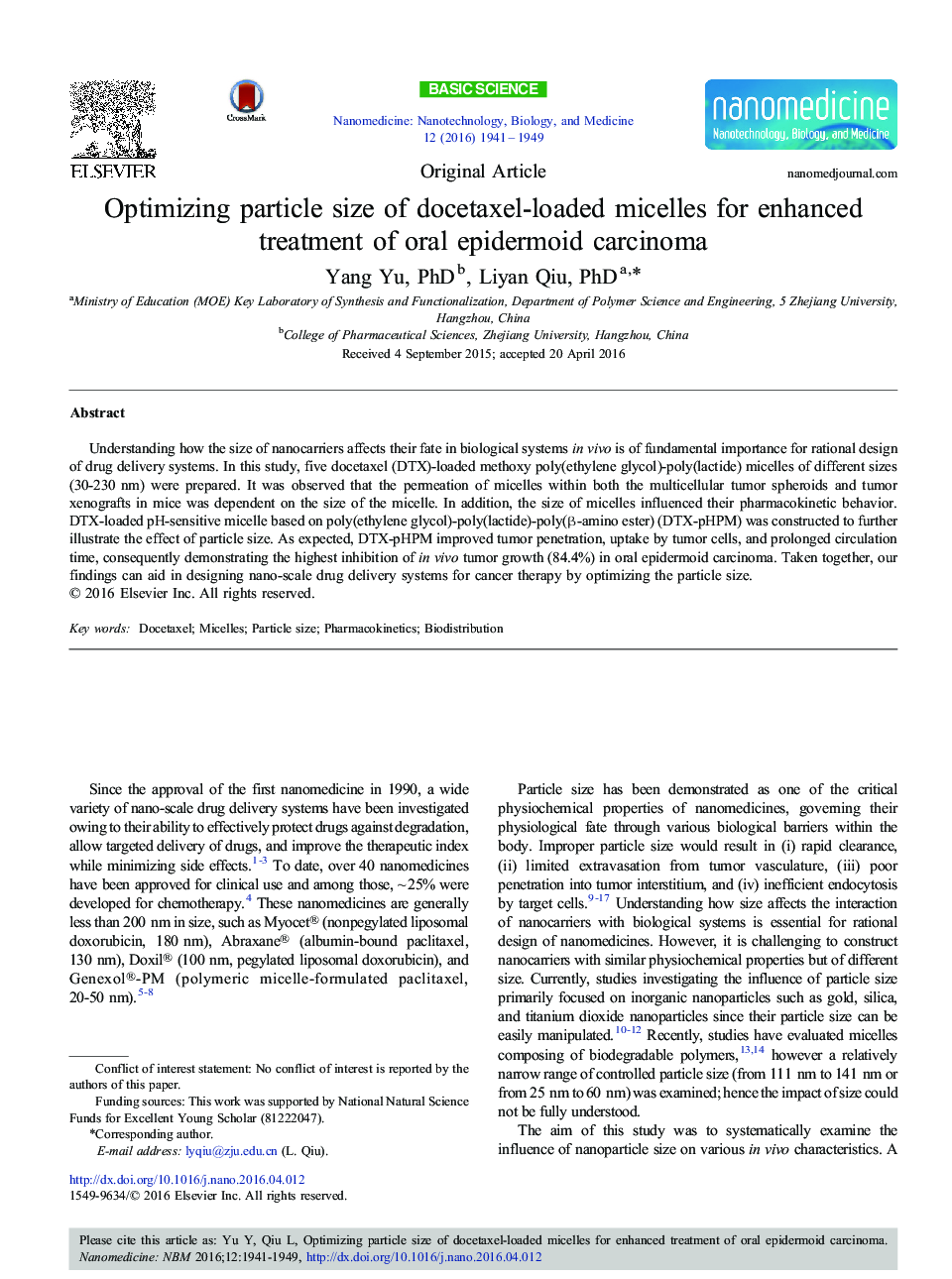 Original ArticleOptimizing particle size of docetaxel-loaded micelles for enhanced treatment of oral epidermoid carcinoma